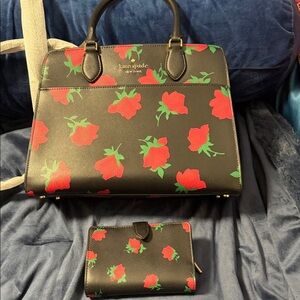 kate spade Black Satchel with Red and Green Floral Print matching wallet